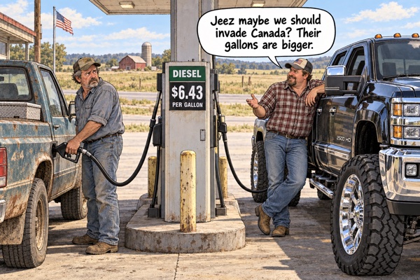 At a rural US diesel station displaying $6.43 per gallon, a man leans against his enormous polished pickup and says, “Jeez maybe we should invade Canada? Their gallons are bigger.” Across the pumps, a man filling a battered work truck gives him a weary sideways look.
