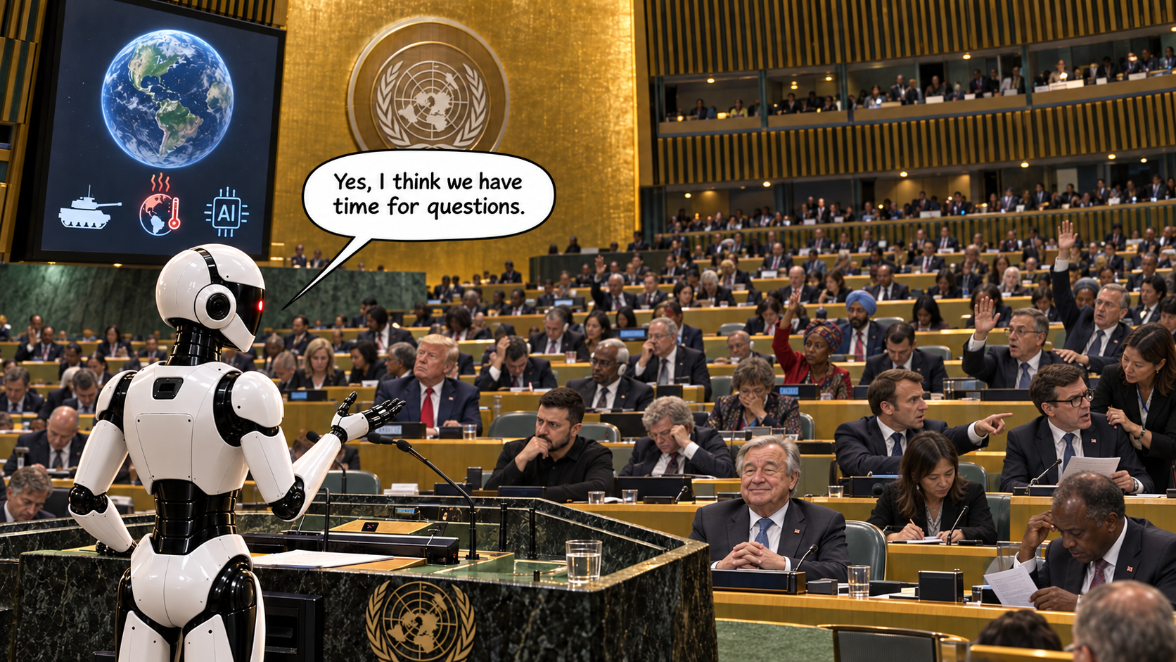 HONK’s white-and-black humanoid robot stands at the United Nations General Assembly lectern, facing a chamber filled with world leaders and delegates. A screen shows Earth beside symbols for war, climate danger and artificial intelligence. Some delegates raise their hands while others confer, study papers, avoid eye contact or point across the chamber. António Guterres smiles from the front row. The robot says, ‘Yes, I think we have time for questions.’