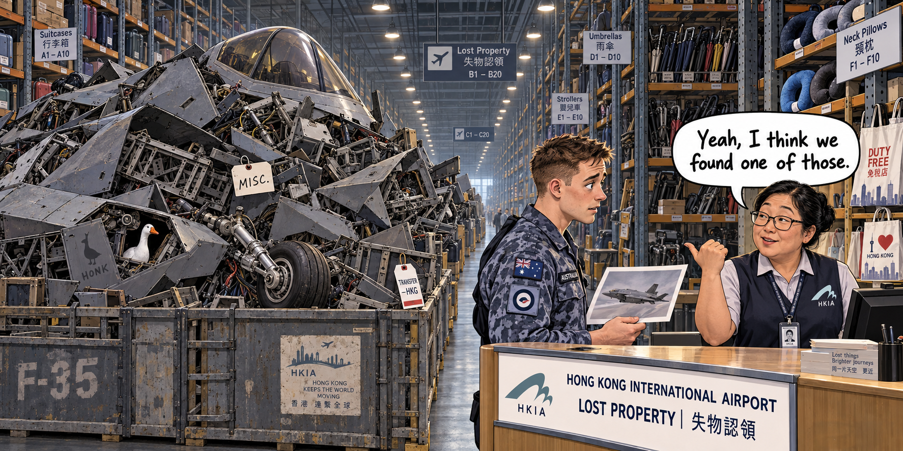 An earlier treatment of the Hong Kong International Airport lost-property warehouse. A large chaotic pile of grey aircraft parts and a prominent canopy fills the left side, while a young Australian Air Force serviceman shows the clerk a photograph of an F-35. The clerk points toward the pile and says, ‘Yeah, I think we found one of those.’ Shelves of ordinary lost property extend into the background.