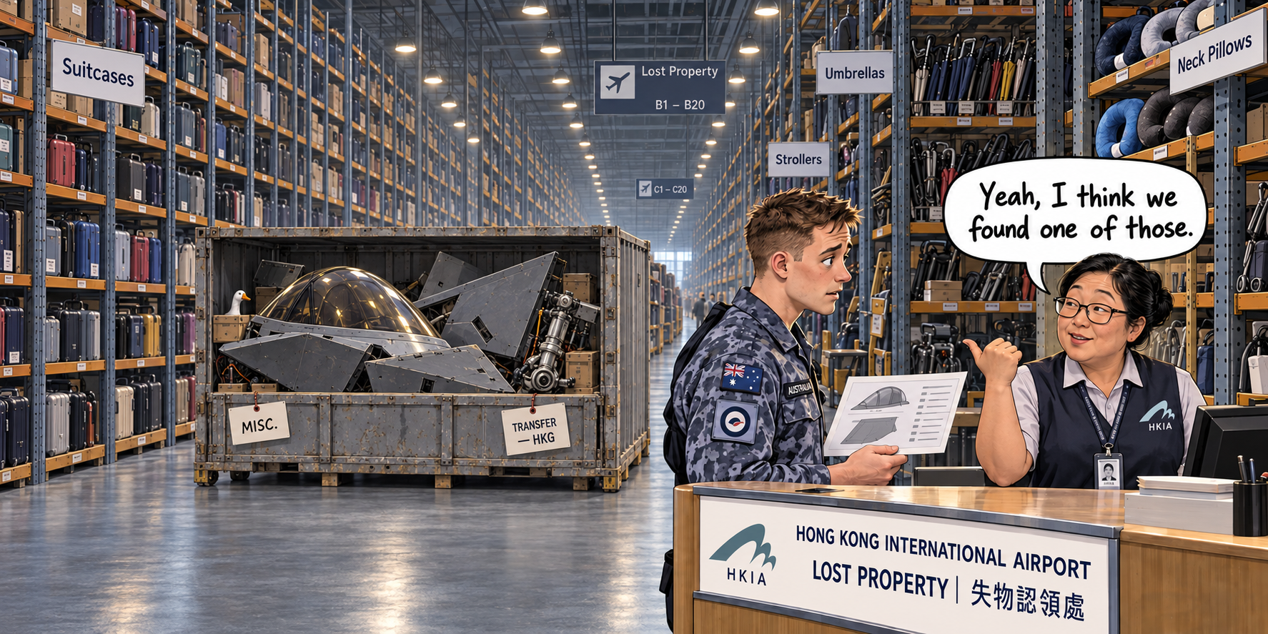 Inside the vast lost-property warehouse at Hong Kong International Airport, shelves of suitcases, umbrellas, strollers and neck pillows recede into the distance. At the counter, a young Australian Air Force serviceman holds a manifest showing an aircraft canopy and panel. A Hong Kong airport employee gestures toward a single open cargo container holding loosely packed grey aircraft components and says, ‘Yeah, I think we found one of those.’ A small goose peers from the container.