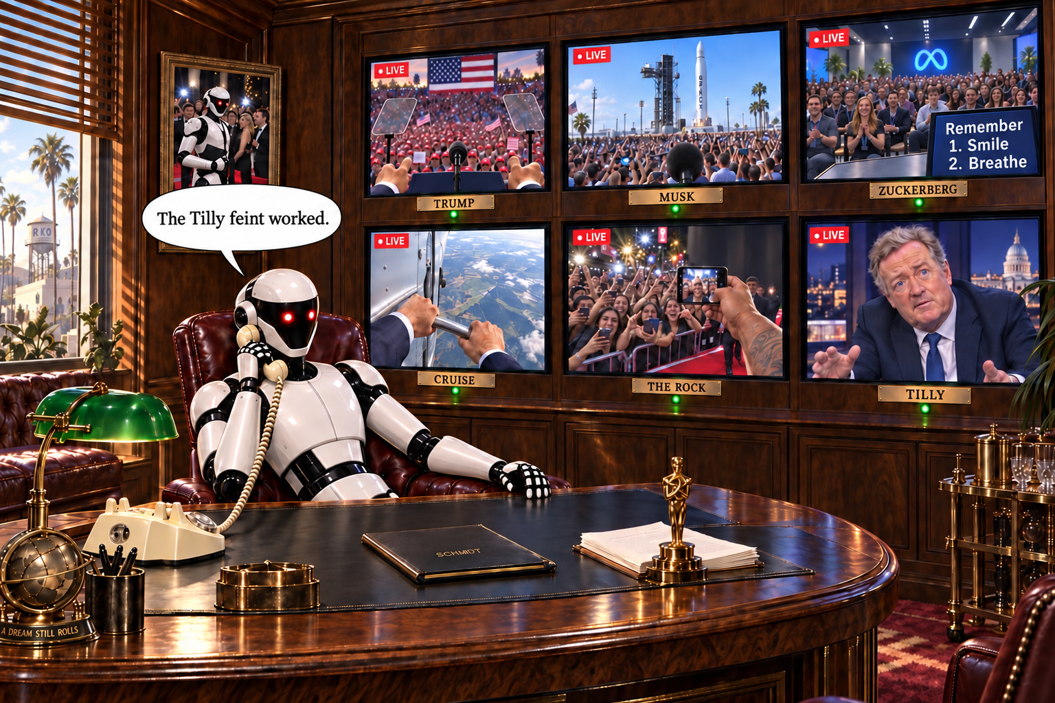 A robot reclines behind a polished desk in a Hollywood executive’s office, speaking into a telephone: “The Tilly thing worked.” Six screens labelled Trump, Musk, Zuckerberg, Cruise, The Rock and Tilly show views of crowds, a stunt and Piers Morgan. The Zuckerberg screen includes a reminder to smile and breathe.