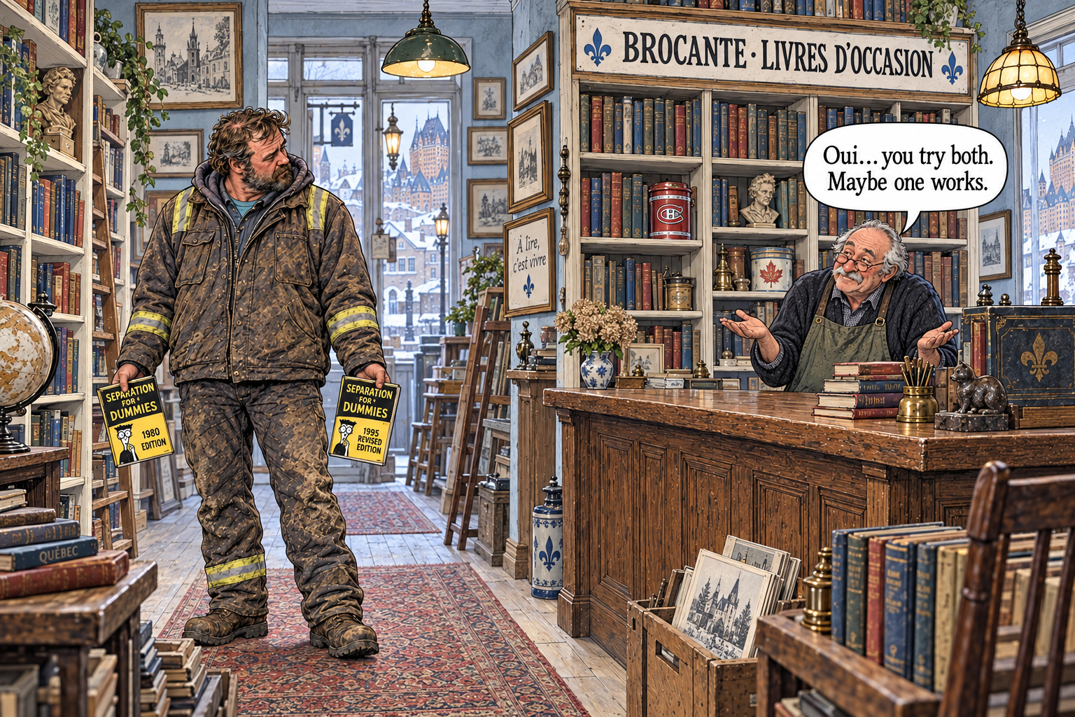 Inside a crowded French-language second-hand shop, an Alberta oil worker in blue overalls stands by shelves of books holding two yellow paperbacks titled “Separation for Dummies,” marked “1980” and “1995 revised edition.” An elderly shopkeeper behind the counter shrugs and says, “Oui… you try both. Maybe one works.”