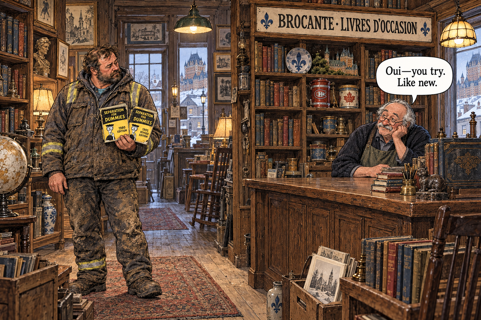 In a warm, crowded French-language second-hand shop, an Alberta oil worker holds up two yellow “Separation for Dummies” books marked “1980” and “1995 revised edition.” The seated elderly shopkeeper replies, “Oui—you try. Like new.”