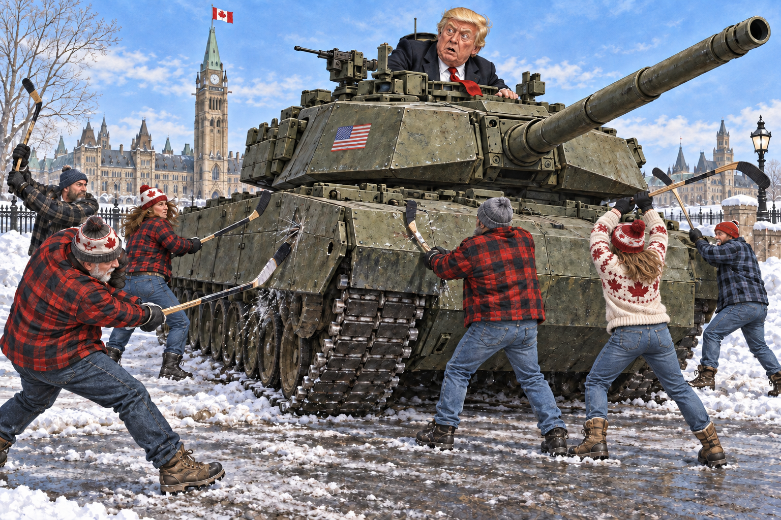 Donald Trump looks bewildered from the commander’s hatch of a massive US Abrams tank on a snowy Ottawa street. Six Canadians in jeans, plaid shirts and winter clothing surround the tank with hockey sticks. A woman in a cream maple-leaf sweater faces the armour with her stick raised overhead. Parliament’s Peace Tower and a Canadian flag stand behind them; a US flag marks the tank.