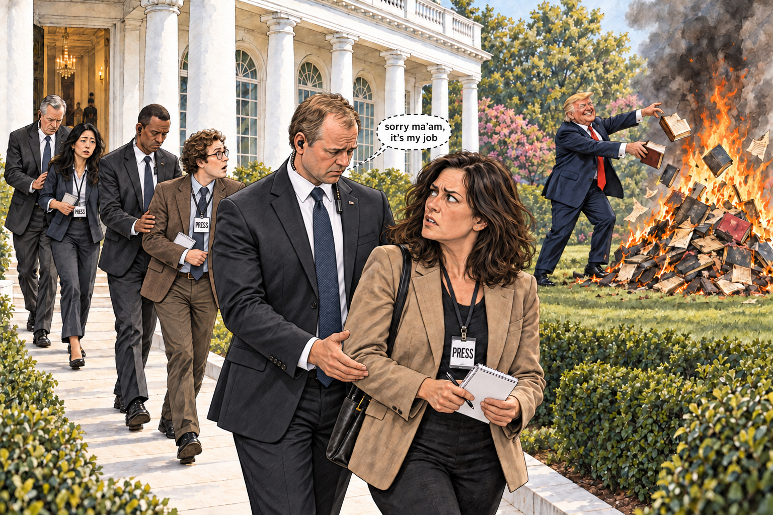 Journalists are escorted out of the White House while Trump throws books onto a fire.