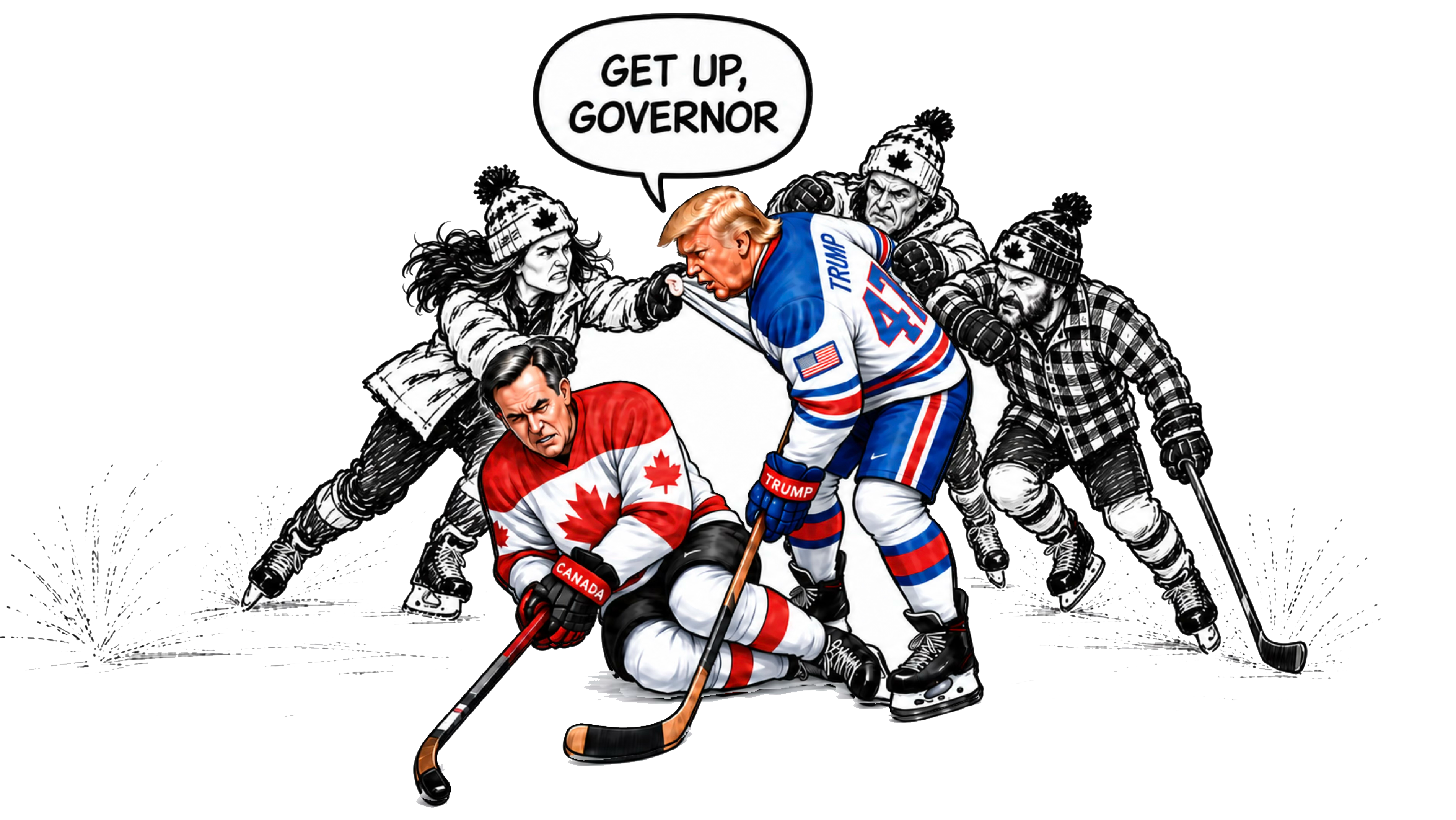 On the ice, Trump towers over a Canadian player as other players close in.