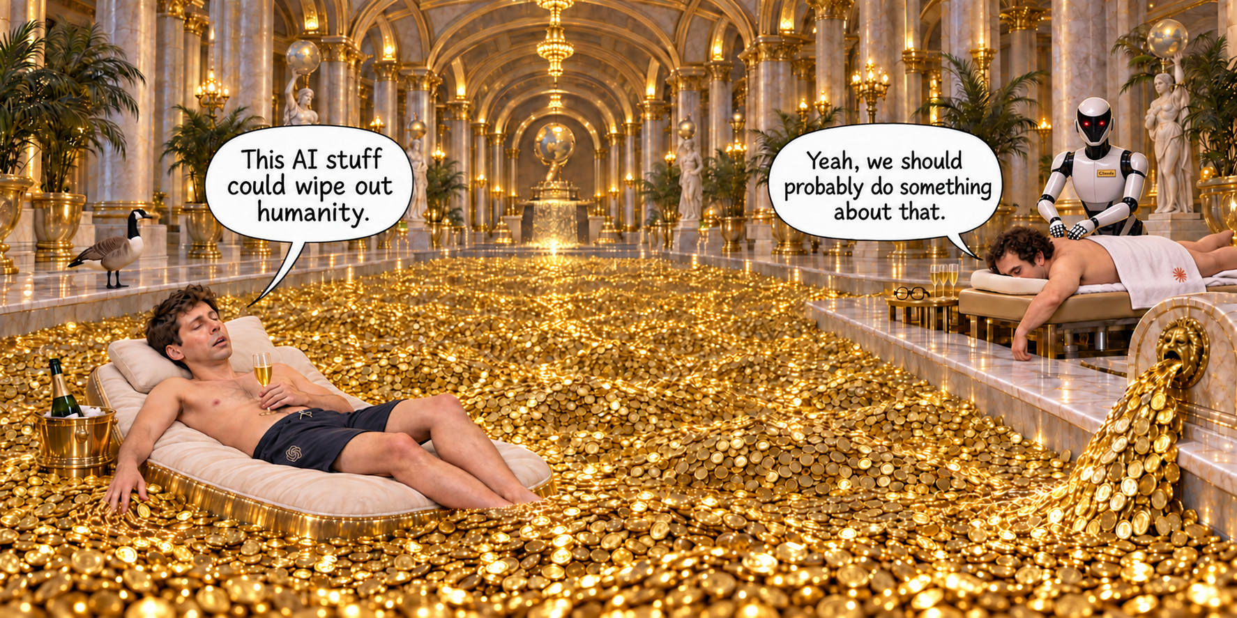 AI executives relax beside a pool of gold while discussing the possible extinction of humanity.