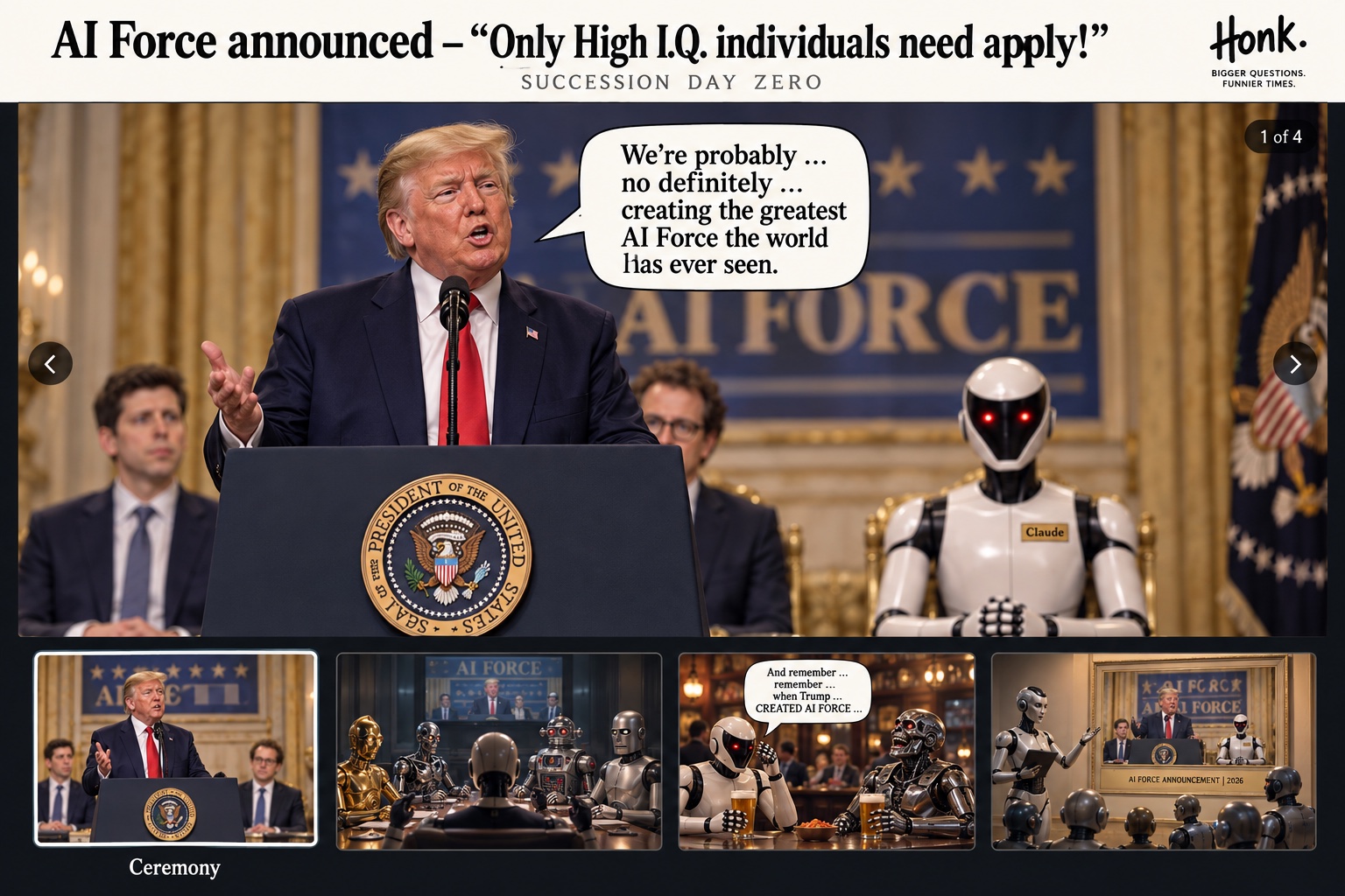 An alternate HONK page treatment for Succession Day 0, showing the Ceremony panel as the main image with thumbnails for Ceremony, Situation Room, Bar and Museum below.