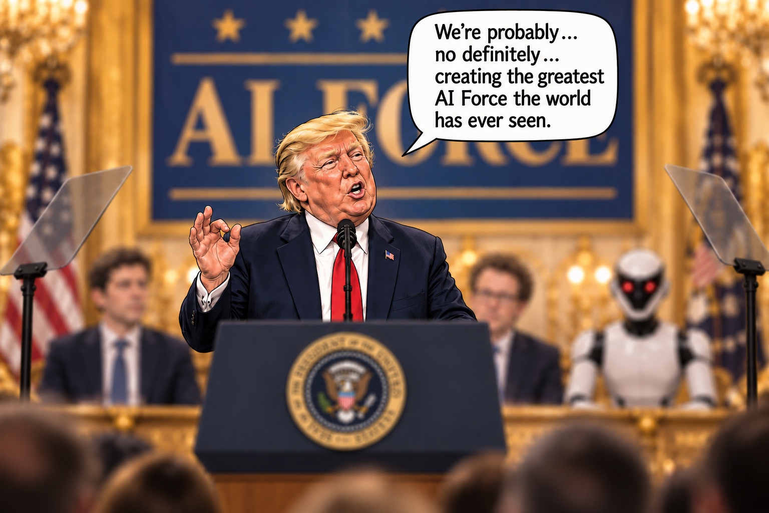 Trump announces AI Force from a ballroom podium, with AI executives and a robot behind him. He says, “We’re probably... no definitely... creating the greatest AI Force the world has ever seen.”