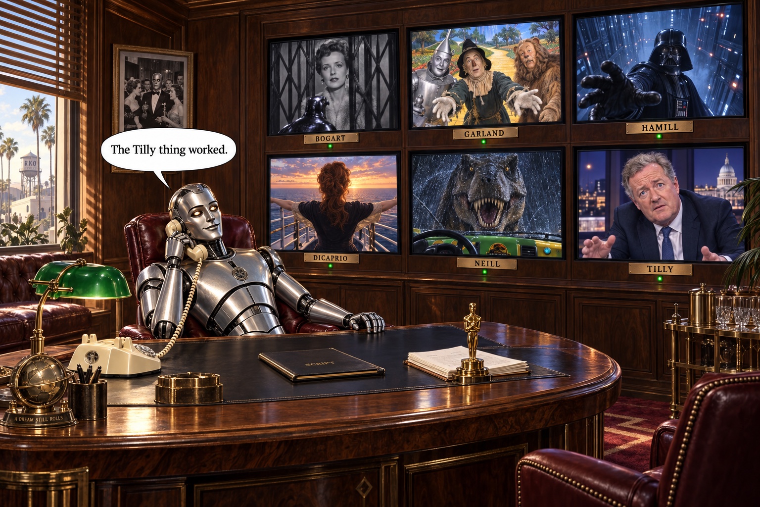 A silver robot in a Hollywood executive’s office says into a telephone, “The Tilly thing worked.” Behind it, screens labelled Bogart, Garland, Hamill, DiCaprio, Neill and Tilly display familiar film scenes and Piers Morgan.